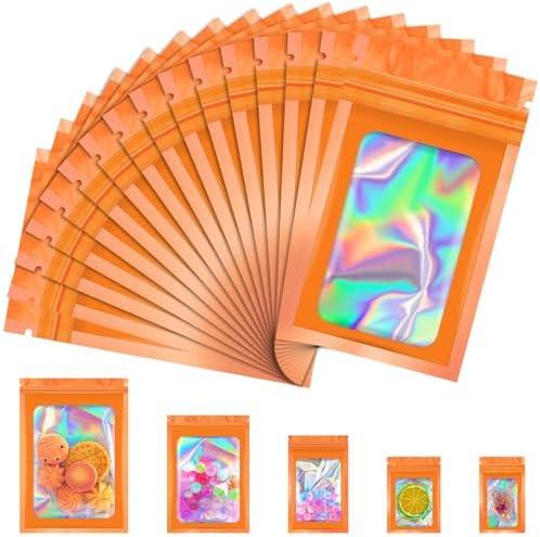 JETMORE 100 Pcs Mylar Bags, Smell Proof Bags Foil Pouch, Holographic Resealable Bags for Small Business, Candy Sample Jewelry Bag Sealable Packaging for Party Favor Food Storage (2.4x3.9in-Orange)