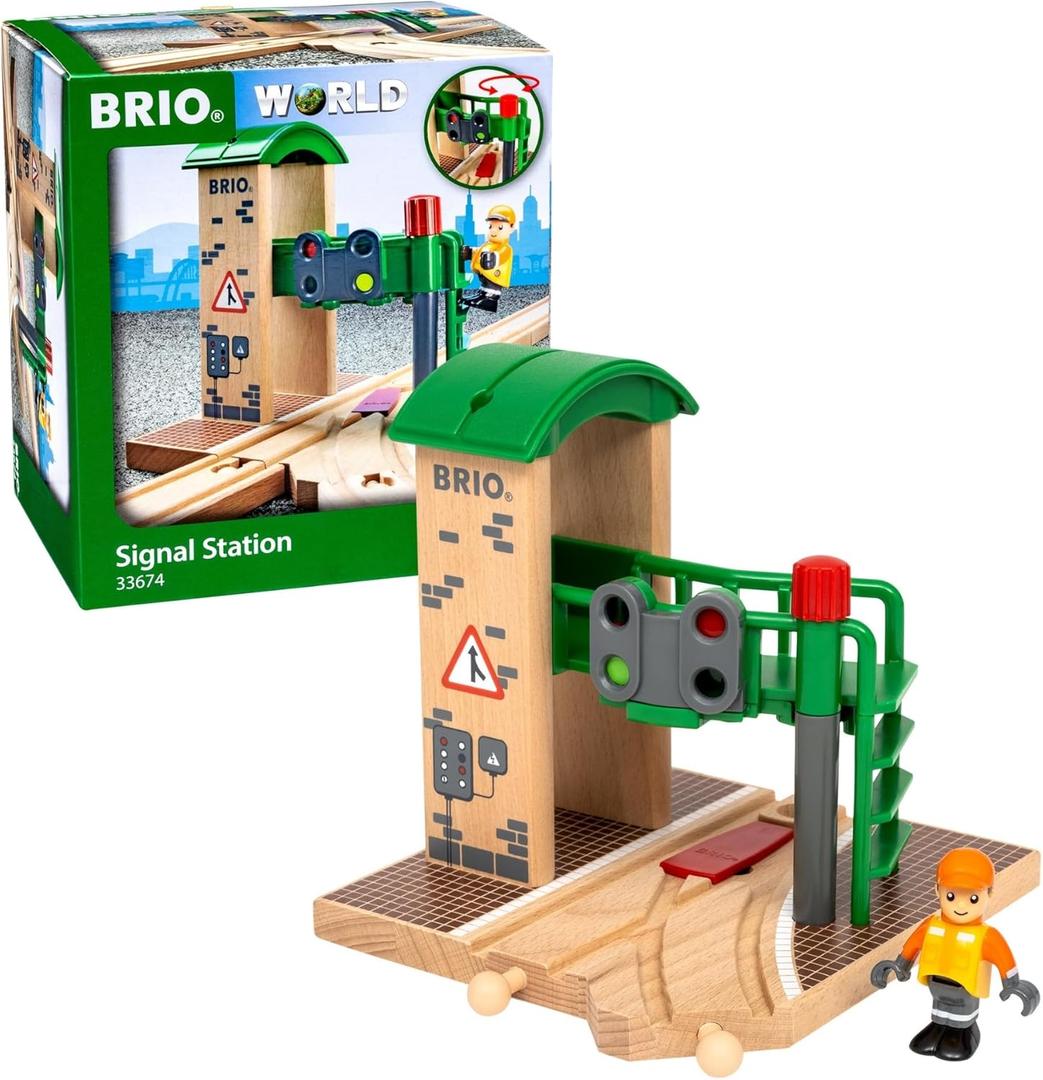 BRIO World Signal Station Set - 2-Piece Wooden Train Track Toy with Interactive Red Light and Figurine - FSC Certified - Compatible with All BRIO Railway Train Toys - Kids Ages 3 & Up