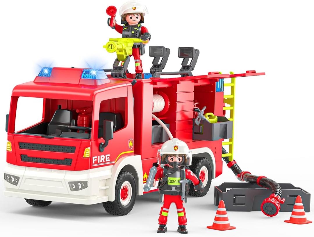 Large Fire Truck Toy with 2 Firefighters & Rescue Tools, Lights & Siren Sounds, Assemble & DIY Fire Rescue Truck Vehicle Toy for Boys Girls Christmas Birthday Gifts Kids Toys for 3 4 5 6 7 8 Years Old