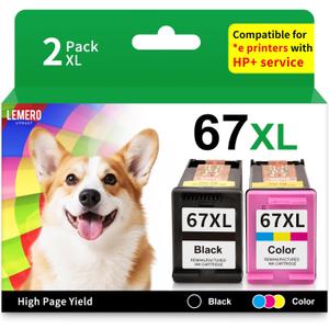 LEMERO UTRUST Remanufactured 67XL Ink Cartridge Replacement for HP DeskJet 2700 2755e 2700e 4155e 4155 Envy 6000 6055e 6400 6455e, Black, Tri-color, 2-Pack