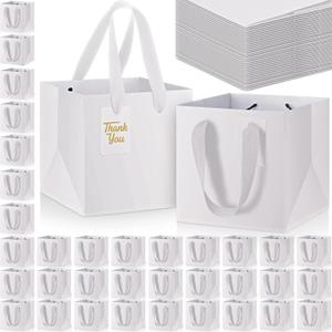 Windyun 100 Pcs Mini Paper Gift Bags with Handle 6 x 6 x 6'' Square Small Favor Bag with DIY Thank You Tag for Christmas Birthday Wedding Bridal Shower Bridesmaid Graduation Party (White)
