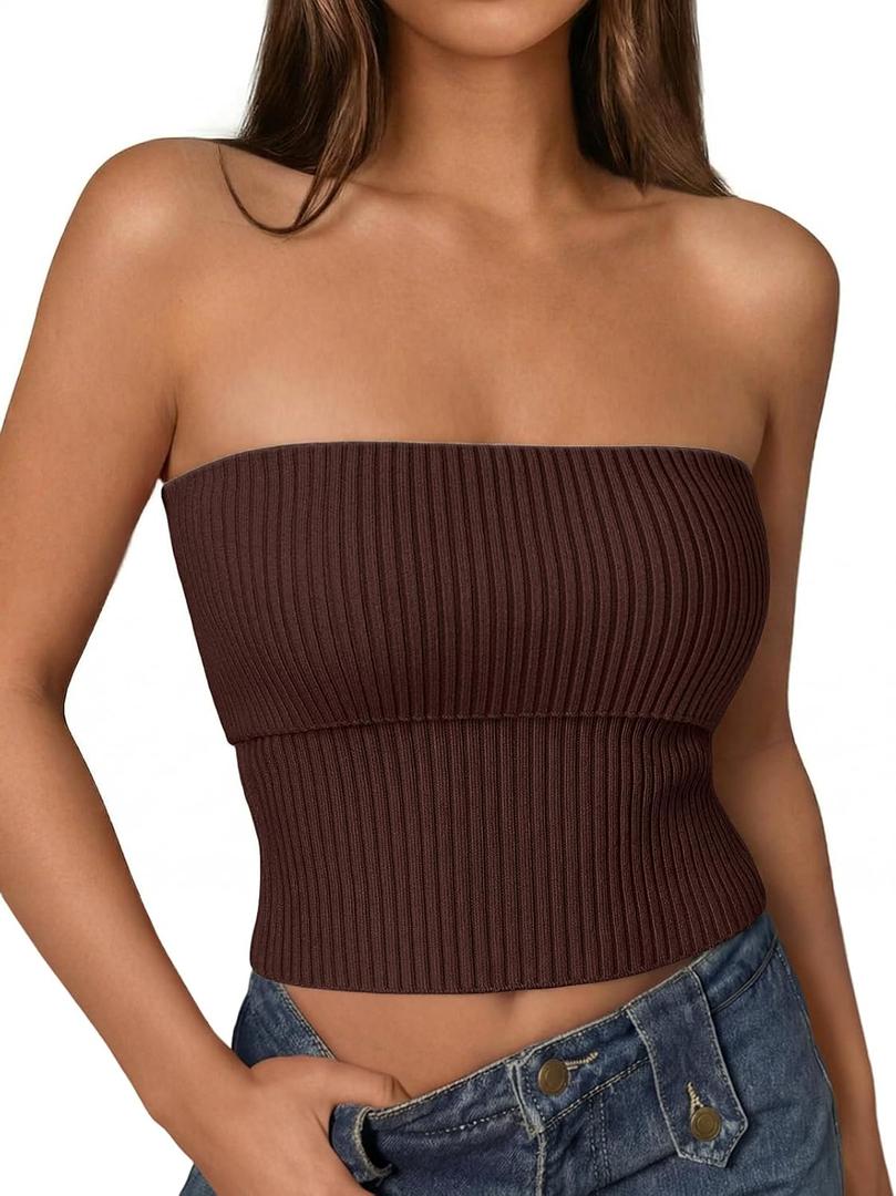 LILLUSORY Womens 2026 Summer Strapless Tube Tops Y2K Stretchy Bandeau Crop Clothes for Beach Vacation and Going Out (Brown, S)
