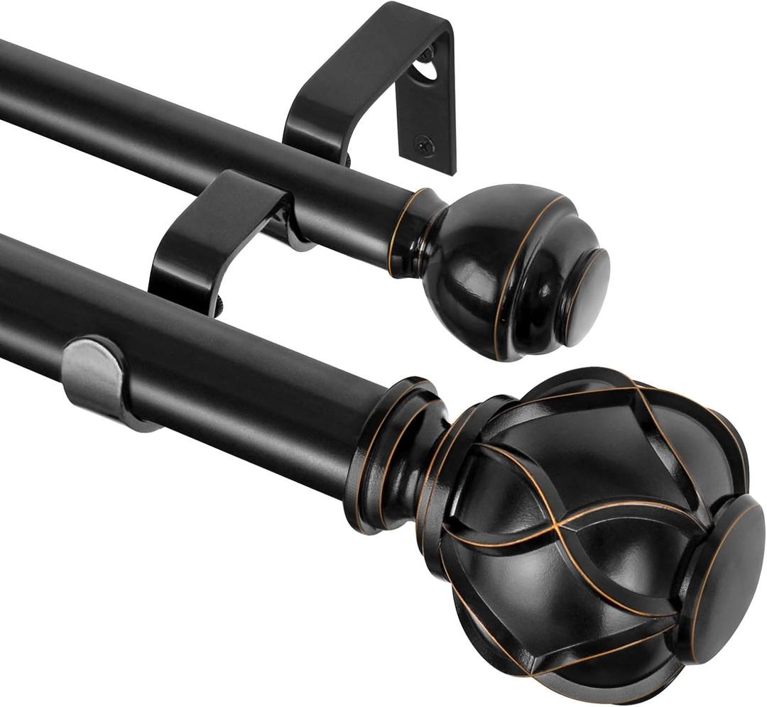 KAMANINA 1 Inch Double Curtain Rods for Windows 72 to 144 Inches (6-12 Feet), Black Heavy Duty Double Curtain Rod, Telescoping Drapery Rod with Netted Texture Finials