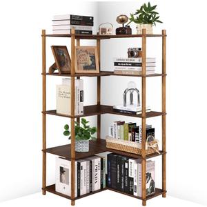 YGYQZ Bookshelf 5 Tier, Reversible Corner Bookshelf, 63" Tall Wood Corner Shelving for Living Room, Bedroom, Kitchen, Home Office, Rustic Brown, 5 Tier Bookcase
