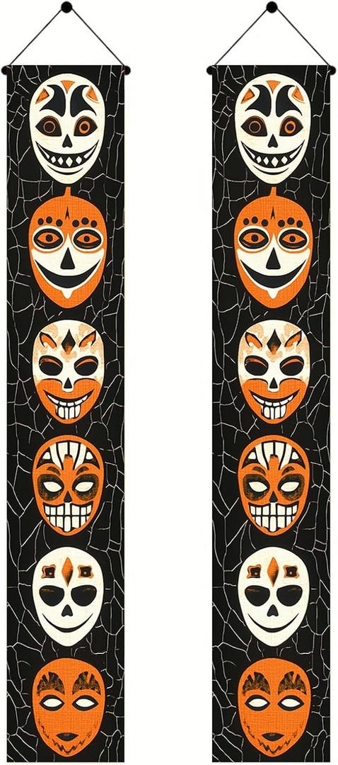 Halloween Door Banner 12x71 Inch Porch Hanging Front Door Indoor Outdoor Spooky Decorations Stacked Masks Spider Web Vertical Banner