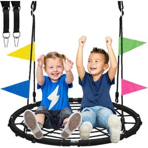 Spider Web Tree Swing, 40 inch Outdoor Saucer Net Swing, with Tree Hanging Straps, 800lbs Weight Capacity, for Backyard and Playground, Gifts for Kids, Black