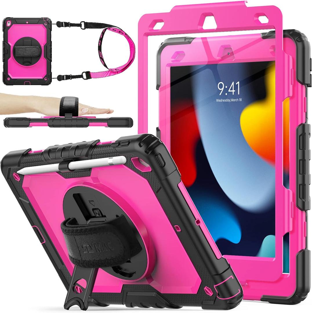 SEYMAC stock Case for iPad 9th/ 8th/ 7th Generation 10.2'', Shockproof with Screen Protector, Pencil Holder [360 Rotating Hand Strap] & Stand, for iPad 10.2 inch 2021-2019 (Rose+Black)