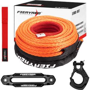 FIERYRED Synthetic Winch Rope 3/8 Inch 100FT - 26500Ibs Winch Line Cable Rope with Winch Hook Fairleads for 4WD Off Road Vehicle ATV UTV SUV SUV Trucks (Orange)