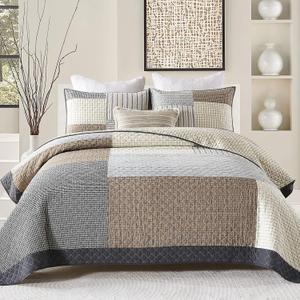 Quilts King Size - King Quilt Bedspread Sets, 100% Cotton Patchwork Quilt Bedding Set for King Bed, 3 Pieces Plaid Farmhouse Reversible Rustic Lightweight Comforter Spread, Brown/Beige/Gray (King(98"x106"))