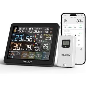 Raddy N80 Smart Wi-Fi Weather Station with APP Control, Indoor Outdoor Thermometer Wireless with 8 Inch Large Display, Sunset/Sunrise Time, PM2.5/AQI, UV Index, 4 Alarm Clock
