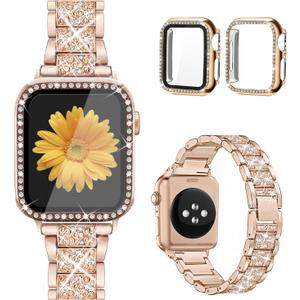 Compatible for Apple Watch Band with Screen Protector Case, Jewelry Replacement Bands 46mm 45mm 44mm 42mm 41mm 40 mm 38mm 2 Pack Protective Cover for iWatch Series 11/10/9/8/7/6/5/4/3/2/1/SE Women
