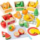 Wooden Play Food Sets for Kids Kitchen Accessories, Velcro Fruit and Veggies Cutting Set for Kids, Pretend Play Food for Toddlers, Montessori Color Sorting Toys for Girls Boys