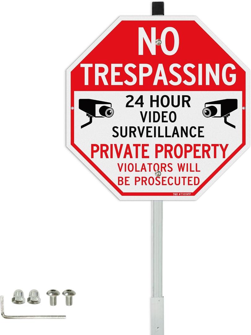 T&R No Trespassing Private Property Sign Video Surveillance Sign with 36" Stake for Outside,12"x12" .040 Rust Free Heavy Aluminum, Reflective,Includes Matching Screws & Wrench, Easy to Mount