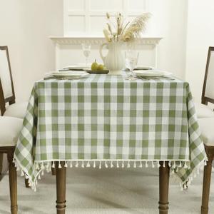 Romanstile Spring Checkered Tablecloth Rectangle, Outdoor Waterproof Heavy Duty Linen Cotton Gingham Table Cloth with Tassel, Wrinkle Free Plaid Table Cover for Easter Picnic Party, 55 x 70 Inch, Sage