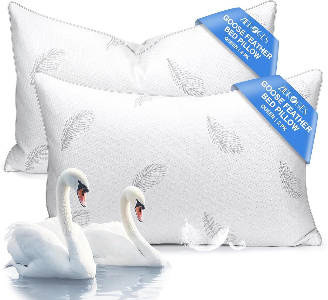 Goose Feather Pillows Bed Pillow - Hotel Down Pillows Queen Size Set of 2, Fluffy Support Surround Fill Polyester for Back, Stomach, Side Sleepers