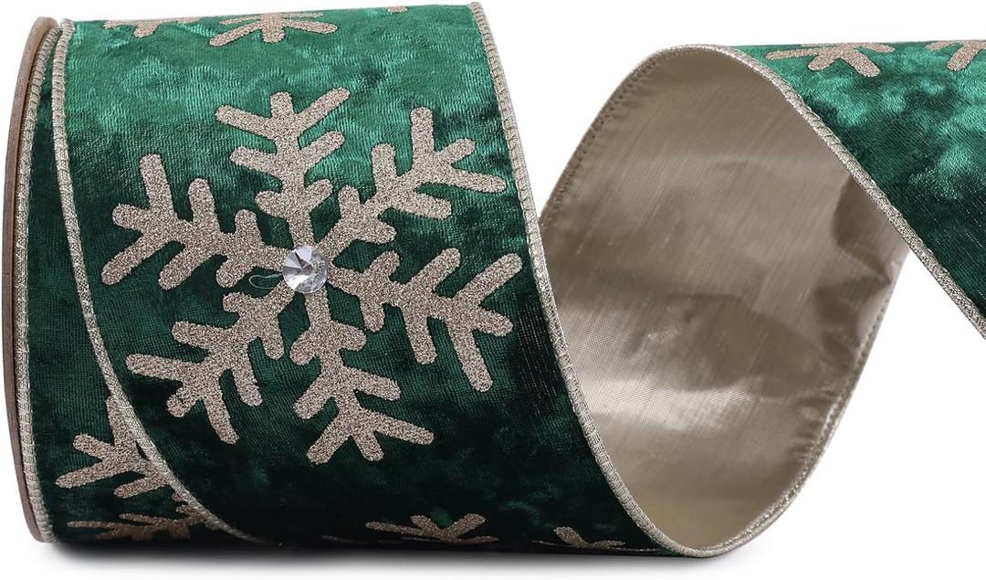 4 Inch Green Velvet Wired Ribbon 10 Yards Snowflake Metallic Crushed Velvet Christmas Ribbon for Gift Wrapping Christmas Tree Decoration Crafts Wreaths Supplies-Continuous (Green, 4"-10 Yard)