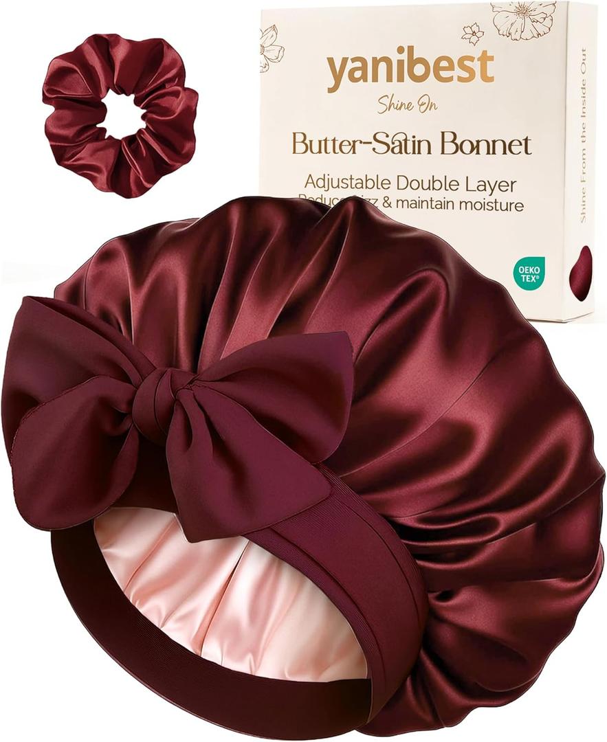YANIBEST Adjustable Double Layer Satin Bonnet, Silk Hair Bonnet for Sleeping with Elastic Tie Curly Natural Hair Reduce frizz (One Size, Burgundy)