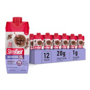 SlimFast Protein Shake, Chocolate- 20g Protein, Meal Replacement Shake Ready to Drink, High Protein with Low Carb and Low Sugar, 24 Vitamins and Minerals, 12 Count (Pack of 1) (Packaging May Vary) (EXP 07/16/26)