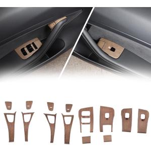 Window Lift Switch Panel Cover Trim for Tesla Model Y 2020-2023, Door Lock Cover Buckle Decor Trim for Tesla Model 3 2017-2023, Door Window Switch Panel Accessories, Wood Grain [Set of 14]