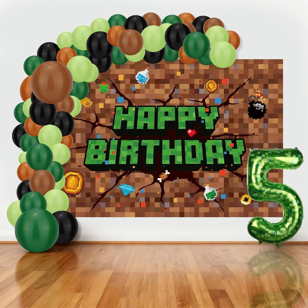 SAVITA Pixel Balloon Garland Kit, Video Game Theme Gamer Night Party Decorations Set with 150x100cm/59x39.37in Backdrop Banner & Green Number Balloon Arch Decor for Happy Birthday Party Background(5)