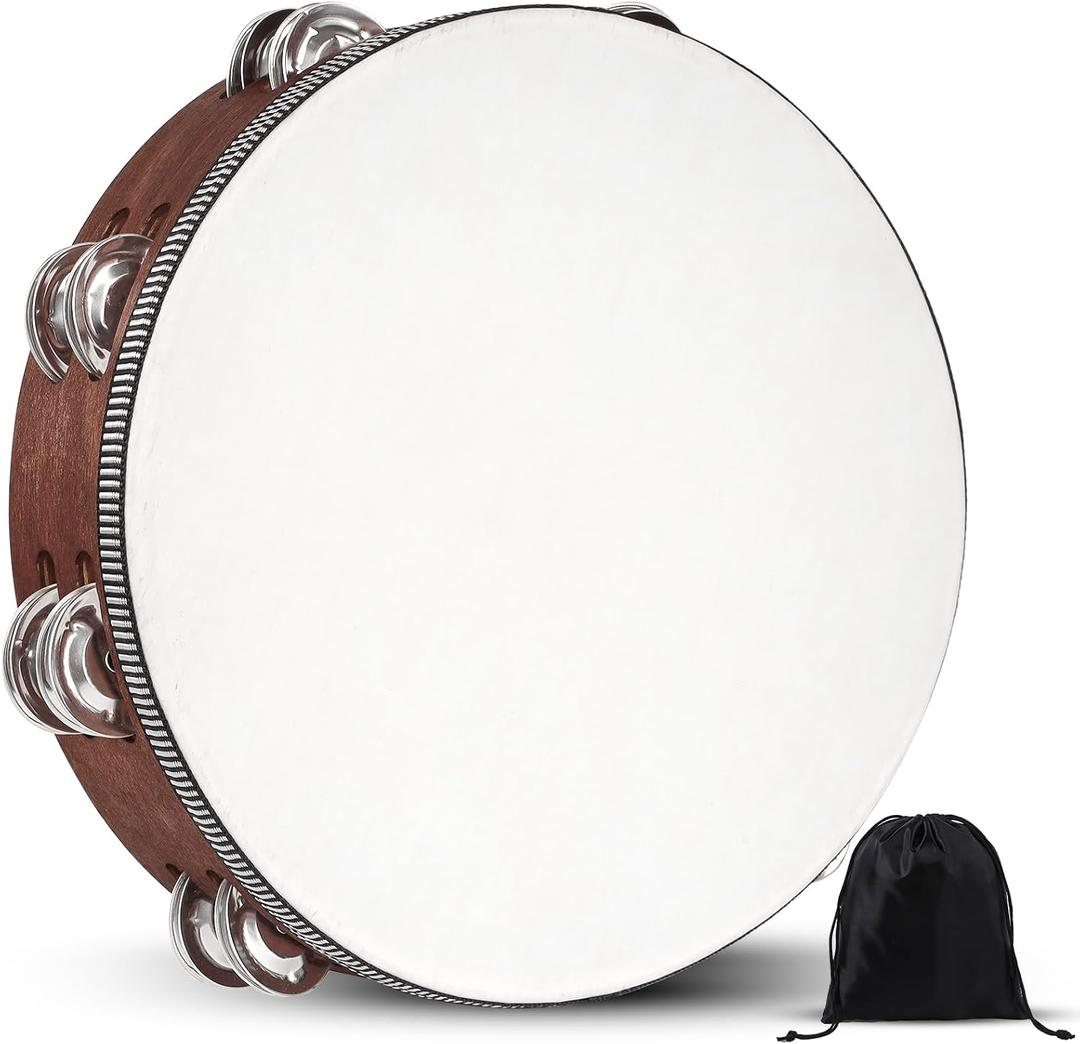 10 Inches Wooden Hand Held Percussion Tambourine with Storage Bag, Ideal for Church, Wedding, Party, Dance, Photo Shoot for Non-professional Use