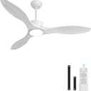 52 Inch White Ceiling Fan with Lights and Remote, Retro White Wood Low Profile Flush Mount Modern Ceiling Fan for Indoor Farmhouse Bedroom Living Room Outdoor Patio Porch, Reversible DC Motor