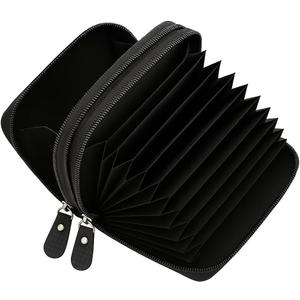 Marshal Genuine Leather Credit Card Holder Wallet Accordion Double Zipper with Id window (Black)