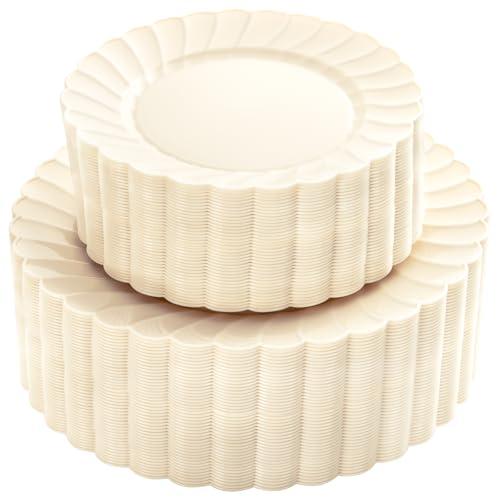 YOUBET 100PCS Ivory Scalloped Plastic Plates - Heavy Duty Disposable Fancy Hard Plates Include 50 Dinner Plate, 50 Dessert Plate, for Wedding & Party