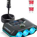 Cigarette Lighter Splitter, 120W Car Charger Adapter with USB & PD, 7 in 1 Multi Port Power Plug with Independent Switches & LED Voltage Display for 12V- 24V Vehicles (3.3FT Cable)