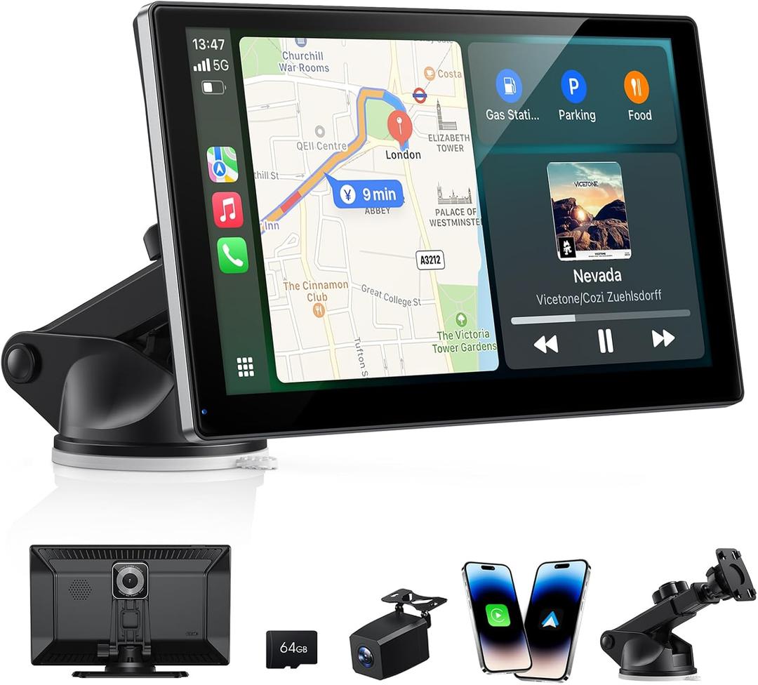 9" Wireless Carplay Screen for Car & Android Auto, OTA Updates, 4K Dash Cam + 1080P Backup Camera, Portable Touchscreen, GPS Navigation, Bluetooth, FM for All Cars
