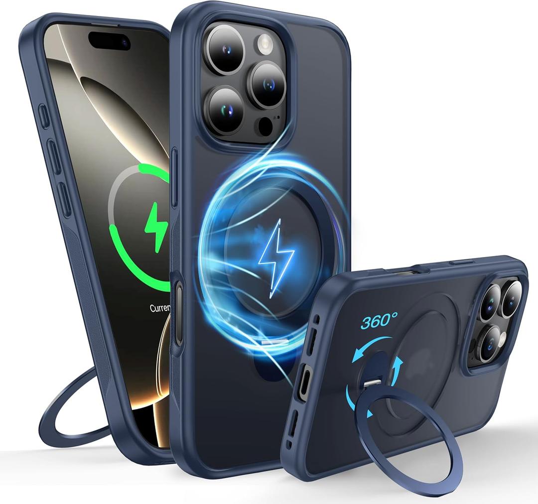 FNDMIL 360Rotatable Magnetic Ring for iPhone 16 Pro Case Compatible with MagSafe [Military Shockproof][Non-Slip Texture Edge][Built-in Kickstand] Slim Translucent Matte Soft Silicone Bumper,Blue