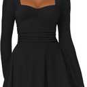 IWD Women's Square Neck Long Sleeve Mini Dress Ruched Corset Waist Tiered Ruffle Hem A Line Short Party Dresses,xs