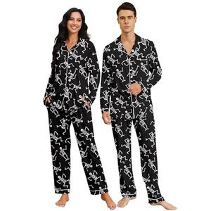 RAISEVERN Halloween Matching Pajamas for Women Dancing Skeleton 2 Piece Long Sleeve Pjs Family Holiday Sleepwear Soft Button-Down Shirt and Drawstring Pant Loungewear S