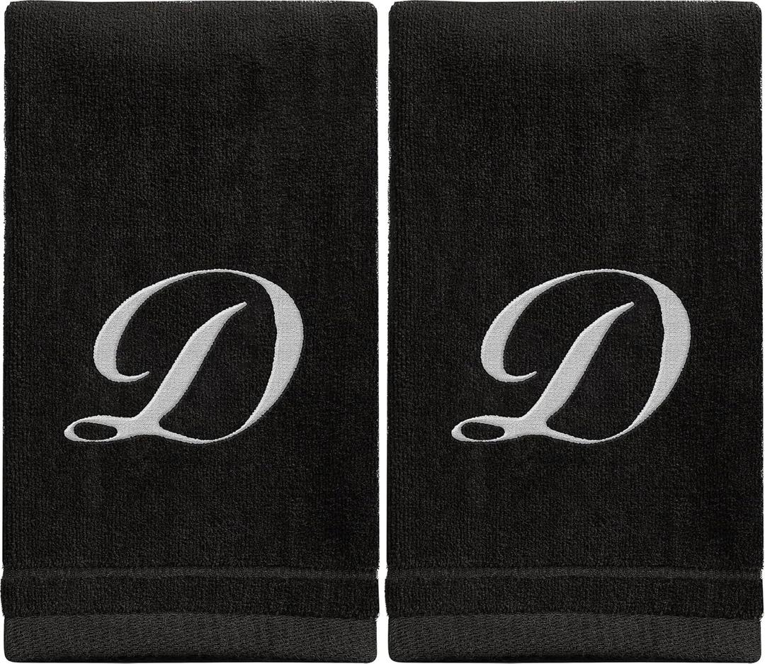 Monogrammed Towels Fingertip, Personalized Gift, 11 x 18 Inches - Set of 2 White Embroidered Towel - Extra Absorbent 100% Cotton - Soft Velour Finish - For Bathroom/ Kitchen/ Spa - Initial D (Black)