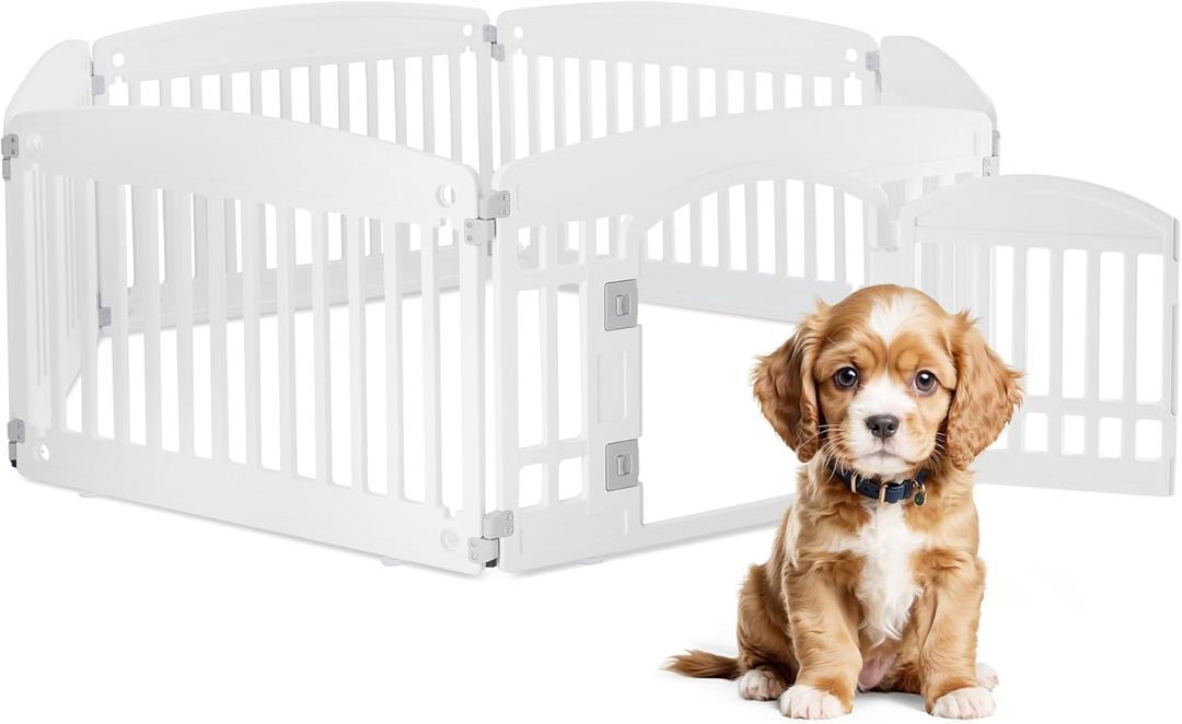 HealSmart 6 Panel Dog Playpen, 24 Exercise Puppy Playpen with Door, Safe, Secure, Folding & Portable Pet Playpen for Indoor & Outdoor Use, Suitable for Puppies and Small, White