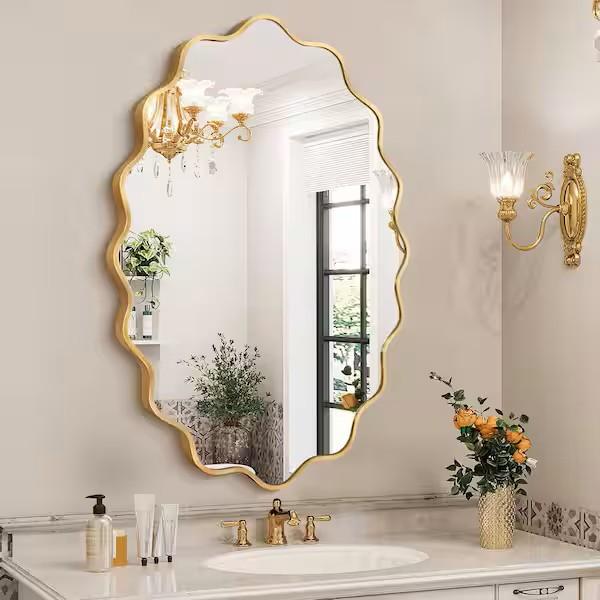 ULIKE Gold Wavy Mirror for Bathroom, 36x24 Oval Vanity Mirror for Over Sink, Metal Frame Tempered Glass Asymmetrical Wall Decor, Bedroom Living Room Entryway, Horizontal/ Vertical