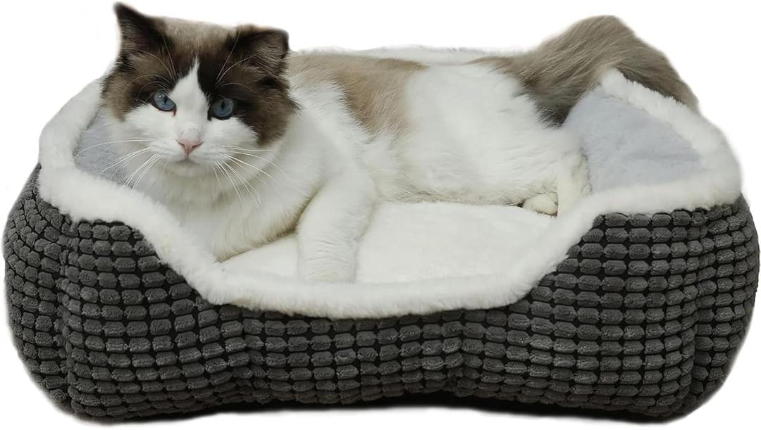 Luxury Square Grey Cat & Dog Bed - Soft Washable Animal Pet Beds with Anti-Slip & Water-Resistant Bottom, Perfect for Indoor Small Dogs & Cats, Kittens & Puppies (18.5"x18.5"x6.5")