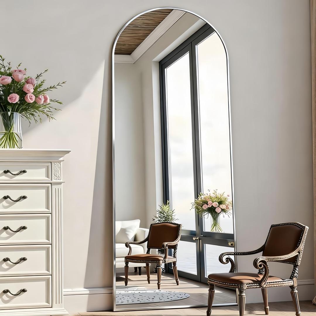 Rowjut Floor Mirror Arched Full Length Mirrors, Mirror Full Length Standing Hanging or Leaning Against Wall, 59"x18" Large Full Body and Wall Mounted Mirror for Bedroom Living Room, Silver