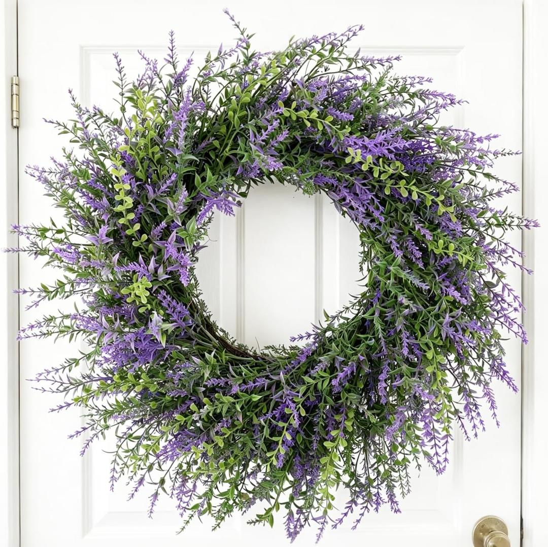 26" Lavender Wreath for Front Door, Spring Summer Lavender Door Wreath with Eucalyptus Leaves Purple Flower Wreath All Seasons for Indoor Outdoor Home Door Wall Farmhouse Decor