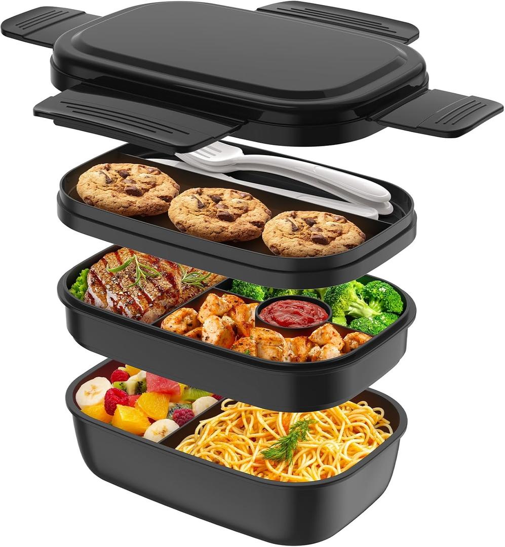 Bento Box Adult, Lunch Box Containers for Men Women with 8 Compartments, Lunch Containers with Utensils, 51 OZ/1900ML, Microwave & Dishwasher Safe (Black)