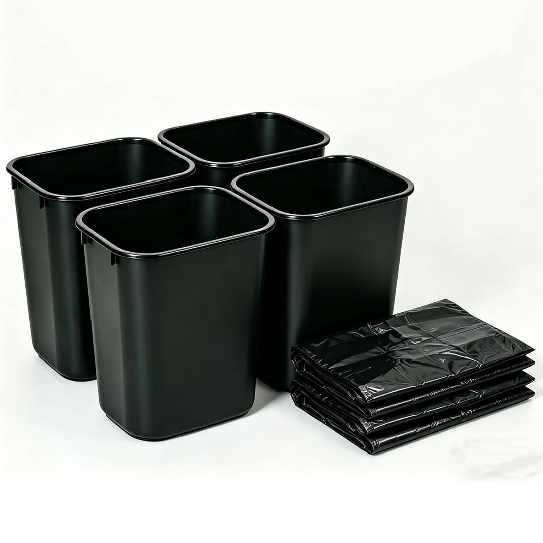 Black Small Trash Can 4 Pack 2 Gallons 8L Plastic Garbage Bin with 2 Roll Trash Bags, Small Trash Container for Bedroom, Office, Kitchen, Bathroom