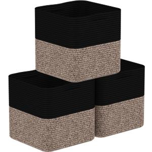 Storage Cotton Cubes 11 Inch, Woven Cotton Rope Storage Baskets for Toys Blanket Organizing, Storage Bins Decorative Organizer with Handles for Living Room Laundry Room Closet (3 Pack, Black Brown)