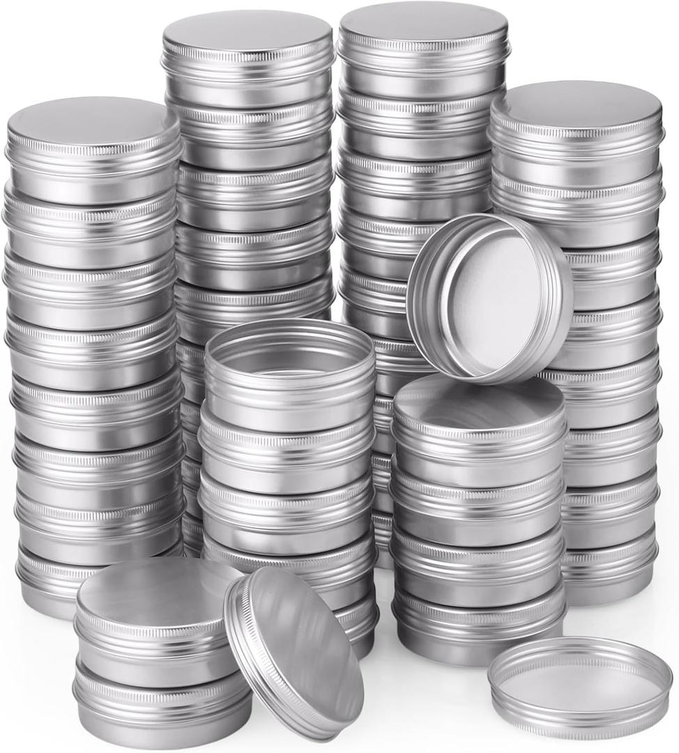 Therwen 96 Pcs Aluminum Tin Jars Containers Metal Leak Proof Cosmetic Tin Jars Containers Round Screw Lids Lip Balm Can Empty Refillable Cosmetic DIY Storage (2oz,Silver)