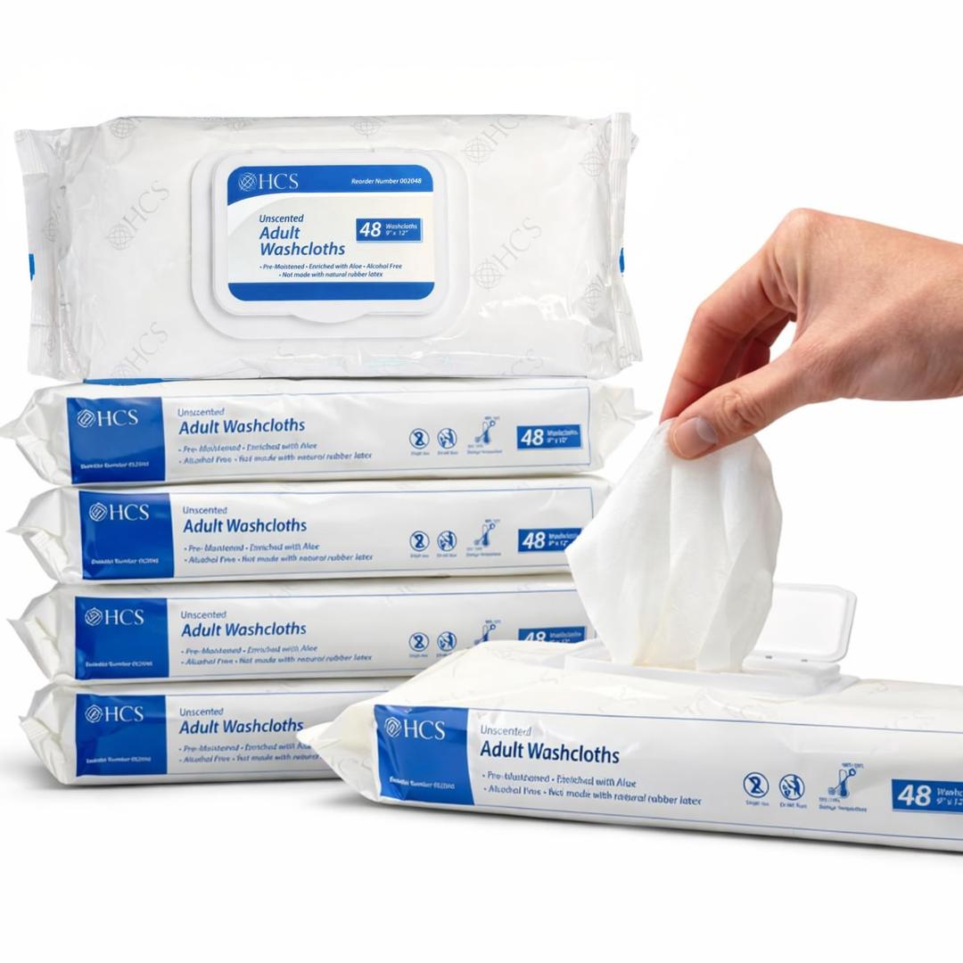 HCS Extra Large Adult Wipes - Elderly, Incontinence - (288) Body Wet Wipes for Adults, Bathing, No Rinse - Cleansing Bath Wipe, Shower - Disposable Washcloths, Aloe, Unscented - 9"x12", 6 Packs of 48