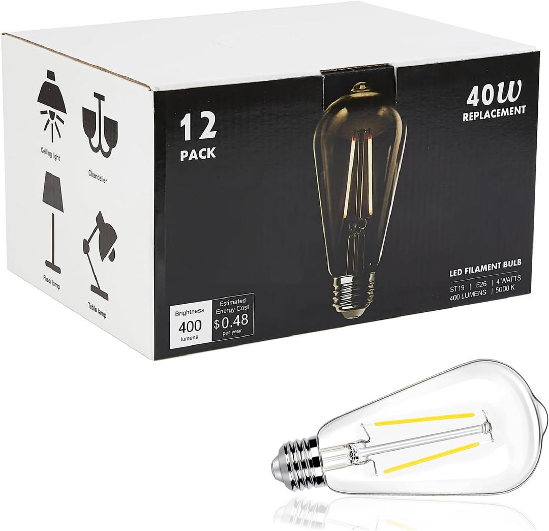 12 Pack LED Edison Bulbs 40 Watts Equivalent, 4 Watt LED Vintage Light Bulb, 5000K Daylight ST19 Light Bulb, 400LM E26 Base for Light Fixtures, Not Dimmable