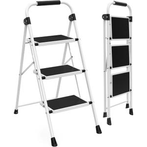 4 Step Ladder, 44-Inch Iron Step Stool with Non-Slip Pedals and Handrails - Portable Heavy Duty Steel Ladder for Kitchen, Garage, and Outdoor Use