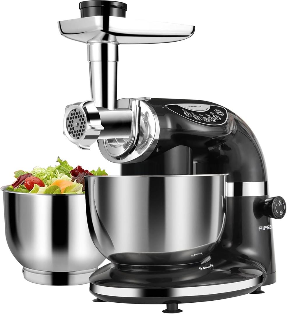 Stand Mixer, 8.5QT+ 6QT Two Stainless Steel Bowls Electric Food Mixer Black
7 in 1 Multifunctional Kitchen Mixer with Dough Hook, Whisk, Beater, Meat Grinder,Pasta & Cookie Maker