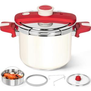 MICHELANGELO Stovetop Pressure Cooker Stainless Steel, 6.3 qt, 304 Stainless Steel, 6-Fold Safety System, One-Hand Easy-Open Lid, 2 Pressure Settings, Steamer Basket & Glass Lid, Induction Compatible
