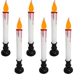 Flameless Window Candles 6 Pack - White Halloween LED Candles with Dusk to Dawn Sensor, Battery Operated Flickering Lights for Window Table Vampire Party Decor (Blood Dripping Design)