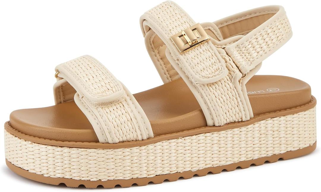 LUCKY STEP Women's Raffia Platform Wedge Sandals Open Toe Slingback Sandals Adjustable Double Strap Beach Sandals, 10